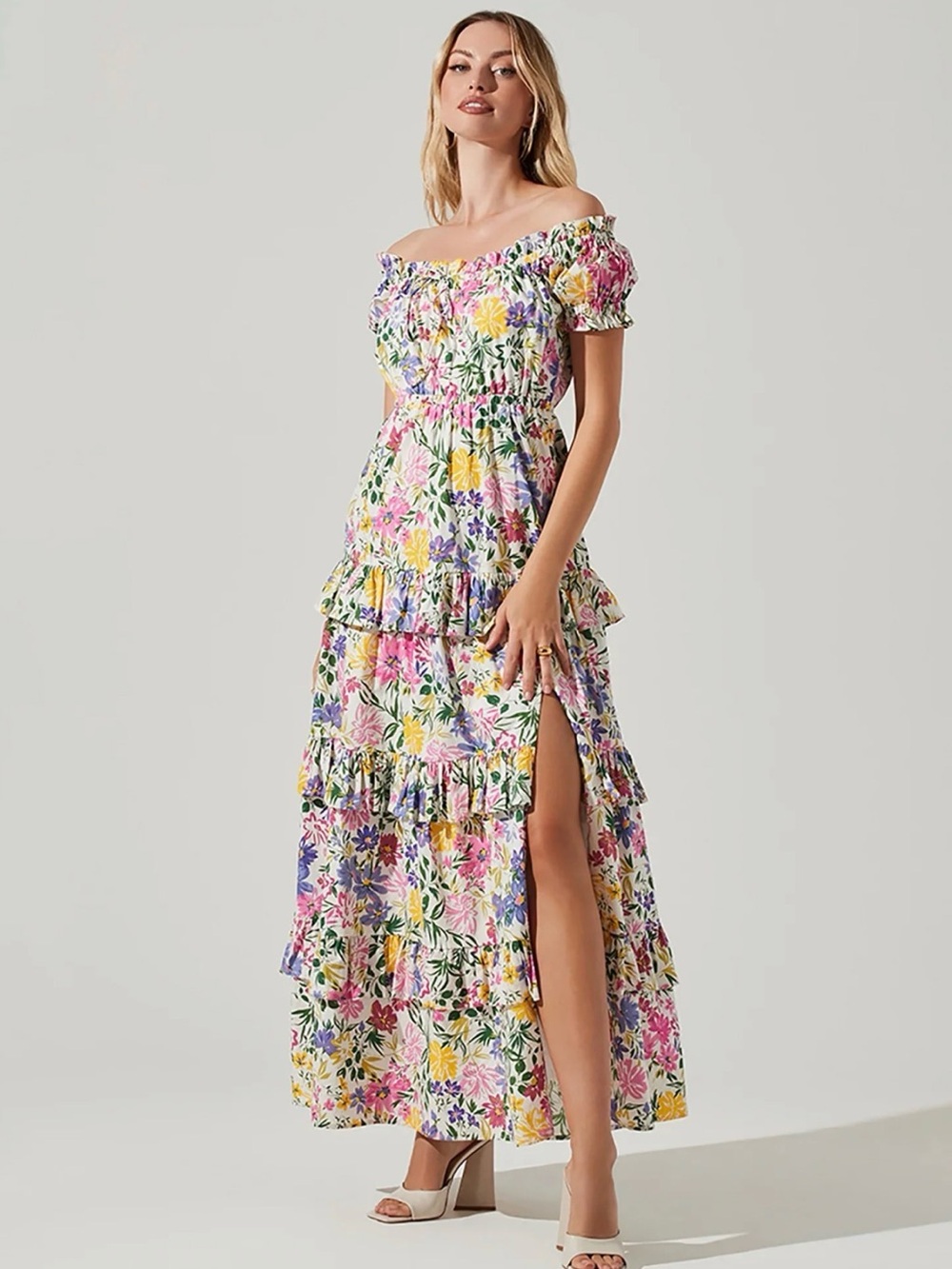 ASTR the Label Viona Tiered Maxi Dress in the "Pink Yellow Multi Floral" Cotton